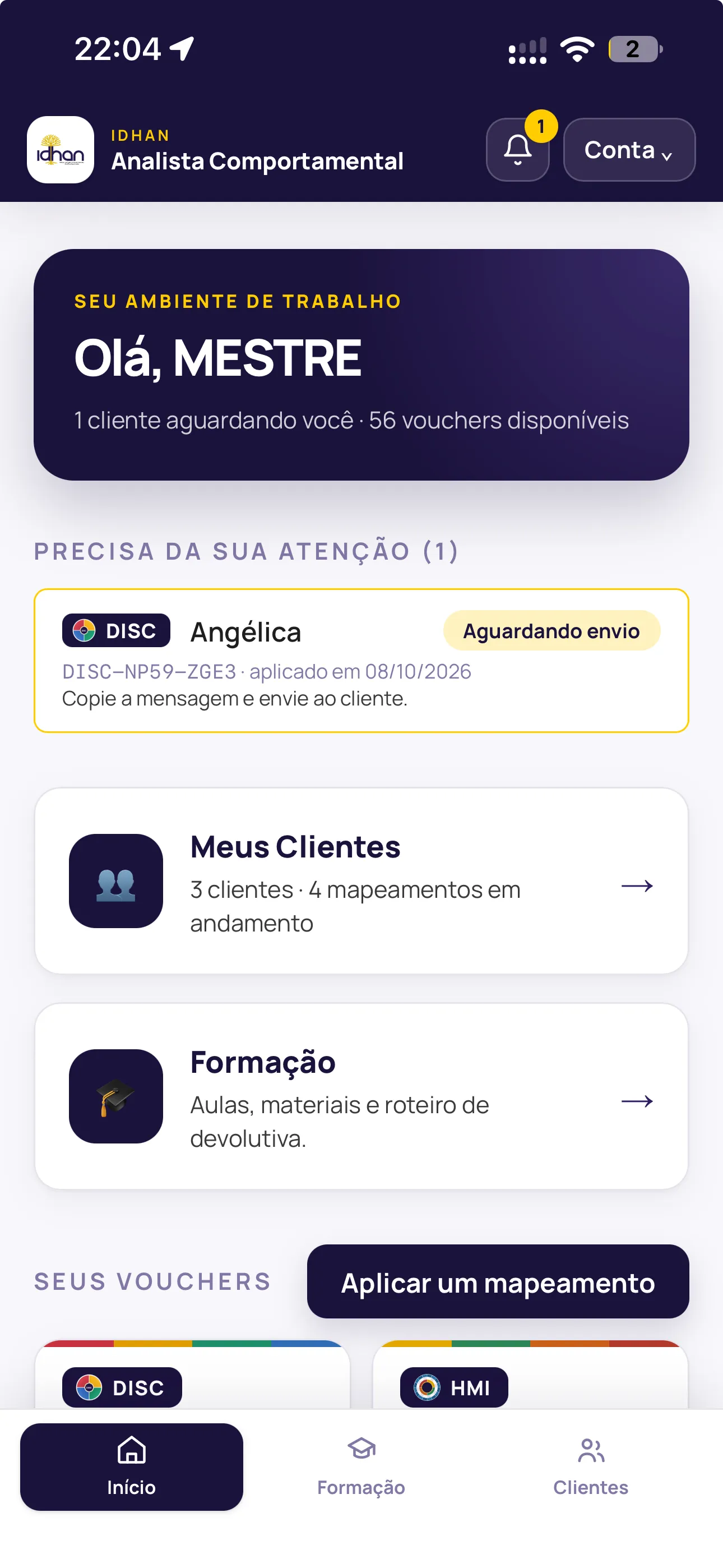 Tela de demonstração do aplicativo do Analista Comportamental IDHAN no celular